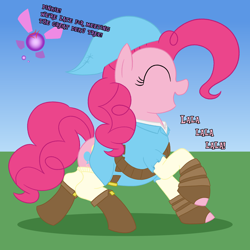 Size: 2500x2500 | Tagged: safe, artist:legendoflink, imported from derpibooru, pinkie pie, earth pony, fairy, pony, angry, clothes, costume, cross-popping veins, dialogue, emanata, female, gloves, high res, mare, navi, open mouth, pinktober, simple background, smiling, socks, solo, the legend of zelda, walking