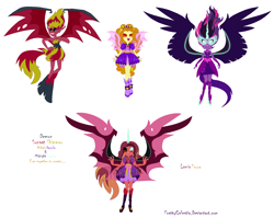 Size: 2160x1720 | Tagged: safe, artist:prettycelestia, imported from derpibooru, adagio dazzle, sci-twi, sunset shimmer, twilight sparkle, oc, oc:lamia tsura, equestria girls, disguise, disguised siren, fin wings, fins, fusion, fusion:adagio dazzle, fusion:midnight sparkle, fusion:sci-twi, fusion:sunsagilight, fusion:sunset satan, fusion:sunset shimmer, fusion:twilight sparkle, gem, glowing, glowing horn, horn, midnight sparkle, multiple arms, ponied up, red eyes, simple background, siren gem, sunset satan, white background, wings