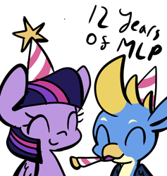 Size: 1420x1496 | Tagged: safe, artist:derp pone, imported from derpibooru, gallus, twilight sparkle, alicorn, griffon, pony, ^^, anniversary, cute, duo, eyes closed, gallabetes, happy, happy birthday mlp:fim, hat, mlp fim's twelfth anniversary, party hat, party horn, simple background, smiling, twiabetes, twilight sparkle (alicorn), white background