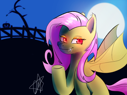 Size: 1600x1200 | Tagged: safe, artist:ermecg, imported from derpibooru, fluttershy, bat pony, pegasus, pony, bats!, bat ponified, bat wings, flutterbat, g4, halloween, holiday, race swap, red eyes, simple background, smug, solo, wings