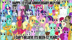 Size: 720x404 | Tagged: safe, artist:ncolque, imported from derpibooru, screencap, aloe, amethyst star, apple bloom, applejack, berry punch, berryshine, big macintosh, bon bon, bulk biceps, carrot cake, carrot top, cheerilee, cloudchaser, cup cake, daisy, derpy hooves, diamond tiara, dj pon-3, doctor whooves, flitter, flower wishes, fluttershy, golden harvest, granny smith, lemon hearts, lily, lily valley, linky, lotus blossom, lyra heartstrings, mayor mare, minuette, octavia melody, pinkie pie, pipsqueak, pokey pierce, pound cake, pumpkin cake, rainbow dash, rarity, roseluck, sassaflash, scootaloo, sea swirl, seafoam, shoeshine, silver spoon, snails, snips, sparkler, spike, spring melody, sprinkle medley, starlight glimmer, sunshower raindrops, sweetie belle, sweetie drops, thunderlane, time turner, twilight sparkle, twinkleshine, twist, vinyl scratch, alicorn, earth pony, pegasus, pony, unicorn, the cutie re-mark, anniversary, colt, cutie mark crusaders, everypony at s5's finale, female, filly, foal, happy birthday mlp:fim, male, mane seven, mane six, mare, mlp fim's twelfth anniversary, stallion, twilight sparkle (alicorn)