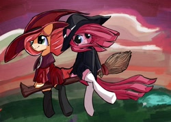 Size: 1920x1377 | Tagged: safe, artist:solid shrimp, imported from derpibooru, fluttershy, pinkie pie, earth pony, pegasus, pony, broom, clothes, dress, duo, flying, flying broomstick, hat, pinkamena diane pie, pinktober, socks, thigh highs, witch, witch hat