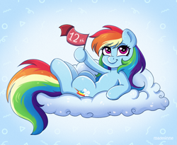 Size: 2291x1878 | Tagged: safe, artist:madelinne, imported from derpibooru, rainbow dash, pegasus, pony, backwards cutie mark, cloud, female, g4, happy, happy birthday mlp:fim, hoof hold, looking at you, lying down, lying on a cloud, mare, mlp fim's twelfth anniversary, on a cloud, on back, solo