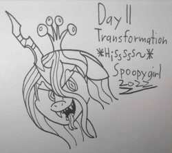 Size: 1549x1378 | Tagged: safe, artist:spoopygirl, imported from derpibooru, queen chrysalis, changeling, changeling queen, female, lineart, ponytober, ponytober 2022, signature, text, traditional art