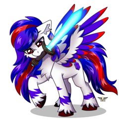 Size: 2500x2500 | Tagged: safe, artist:fluffywhirlpool, imported from derpibooru, oc, oc only, oc:chiseled amethyst, pegasus, pony, chest fluff, colored wings, commission, ear piercing, earring, full body, jewelry, looking at something, male, mouth hold, multicolored wings, pegasus oc, piercing, raised hoof, simple background, solo, spread wings, stallion, sword, tail, two toned mane, two toned tail, weapon, white background, wings, ych result