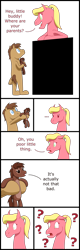 Size: 1280x3998 | Tagged: safe, artist:emc-blingds, imported from derpibooru, oc, oc only, earth pony, pony, comic, confused, dialogue, earth pony oc, female, holding a pony, male, simple background, transparent background