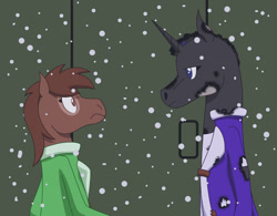 Size: 1280x996 | Tagged: safe, artist:emc-blingds, imported from derpibooru, oc, oc only, anthro, earth pony, burnt, bust, clothes, duo, earth pony oc, female, male, snow, snowfall, story included, wide eyes