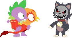 Size: 3554x1925 | Tagged: safe, artist:porygon2z, imported from derpibooru, spike, oc, oc:heatwave, dragon, griffon, chickub, collar, crossover, griffon oc, king clawthorne, male, mask, pet tag, porygon2z's trio, show accurate, simple background, the owl house, titan, transparent background, trio, trio male