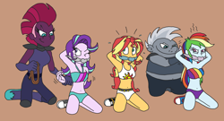 Size: 3252x1750 | Tagged: safe, artist:bugssonicx, imported from derpibooru, grubber, rainbow dash, starlight glimmer, sunset shimmer, tempest shadow, human, equestria girls, my little pony: the movie, arm behind head, bondage, cleave gag, cloth gag, clothes, converse, emanata, equestria girls-ified, gag, kinky, kneeling, one eye closed, shoes, swimsuit, tied up