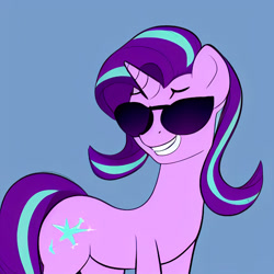 Size: 1024x1024 | Tagged: safe, imported from derpibooru, starlight glimmer, pony, unicorn, ai content, ai generated, female, g4, generator:purplesmart.ai, generator:stable diffusion, glasses, mare, simple background, smiling, smug