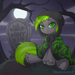 Size: 2048x2048 | Tagged: safe, artist:bluecocoaart, imported from derpibooru, oc, bat pony, pony, cape, clothes, commission, grave, gravestone, graveyard, moon, night, sitting, solo, your character here