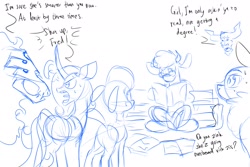 Size: 1800x1200 | Tagged: safe, artist:redahfuhrerking, imported from derpibooru, fhtng th§ ¿nsp§kbl, cow, deer, demon, lamb, reindeer, sheep, unicorn, comic:arizona learns how to read, them's fightin' herds, arizona (tfh), community related, dialogue, female, male, oleander (tfh), pom (tfh), reading, sketch, texas (tfh), velvet (tfh)