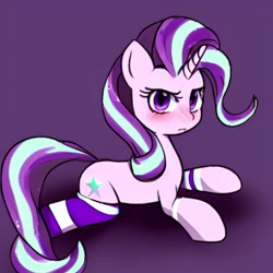 Size: 1024x1024 | Tagged: safe, imported from derpibooru, starlight glimmer, pony, unicorn, ai content, ai generated, blushing, clothes, cute, female, frown, g4, generator:purplesmart.ai, generator:stable diffusion, glimmerbetes, looking at you, lying down, mare, prone, purple background, shadow, simple background, socks, solo, starlight glimmer is not amused, striped socks, unamused