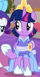 Size: 313x600 | Tagged: safe, imported from derpibooru, screencap, rainbow dash, rarity, twilight sparkle, alicorn, pegasus, pony, unicorn, the last problem, clothes, cropped, crown, dress, g4, jewelry, regalia, second coronation dress, twilight sparkle (alicorn)