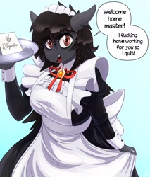 Size: 1741x2048 | Tagged: safe, artist:replica, imported from derpibooru, oc, oc only, oc:replica, anthro, earth pony, breasts, clothes, dialogue, dress, female, looking at you, maid, open mouth, rule 63, solo, speech bubble, talking to viewer, text, thighs, vulgar, wide hips