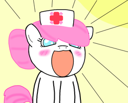 Size: 1118x904 | Tagged: artist needed, source needed, safe, imported from derpibooru, nurse redheart, earth pony, pony, anime, blushing, cute, female, g4, hat, heartabetes, mare, no pupils, nurse hat, open mouth, reaction image, simple background, smiling, solo, yellow background