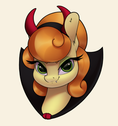 Size: 2854x3045 | Tagged: safe, artist:aquaticvibes, imported from derpibooru, carrot top, golden harvest, earth pony, pony, luna eclipsed, bust, clothes, costume, devil costume, devil horns, fangs, female, g4, horns, mare, nightmare night costume, portrait, simple background, solo