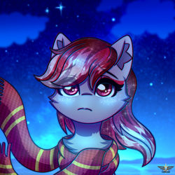 Size: 2500x2500 | Tagged: safe, artist:fluffywhirlpool, imported from derpibooru, sugar moonlight, earth pony, pony, background pony, bust, chest fluff, clothes, cloud, cute, ethereal mane, eye clipping through hair, eyebrows, eyebrows visible through hair, eyeshadow, female, g5, glitter, gryffindor, harry potter (series), looking up, makeup, mare, my little pony: a new generation, night, night sky, sad, sad face, scarf, sky, sky background, solo, starry mane, stars, striped scarf
