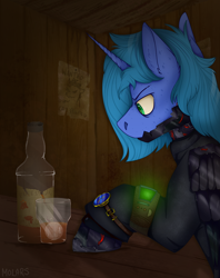 Size: 2300x2900 | Tagged: safe, artist:molars, imported from derpibooru, oc, oc:blast thunderbolt, fallout equestria, alcohol, amputee, artificial alicorn, artificial wings, augmented, bar, blue fur, commission, drinking, frown, male, metal, pipbuck, prosthetic limb, prosthetic wing, prosthetics, stallion, wanted poster, watch, whiskey, wings