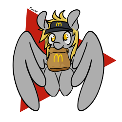 Size: 2000x2000 | Tagged: safe, artist:shiiiny, imported from derpibooru, derpy hooves, pegasus, pony, clothes, fast food, food, hat, mcdonald's, mouth hold, ponytober, red background, signature, simple background, solo, transparent background, uniform, uniform hat, wings