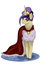 Size: 2500x4000 | Tagged: safe, artist:loopina, imported from derpibooru, oc, oc:héliodore queen, unicorn, cape, clothes, contempt, crown, fur, gem, jewelry, majestic, pocctober, queen, regalia, royalty, scorn, simple background, transparent background