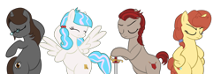 Size: 7007x2364 | Tagged: safe, alternate version, artist:mrvector, imported from derpibooru, oc, oc:fair devotion, oc:lawkeeper equity, oc:sonata, oc:sugar stamp, earth pony, pegasus, pony, unicorn, absurd resolution, bipedal, elements of justice, eyes closed, female, frown, mare, simple background, smiling, solo, spread wings, sword, transparent background, turnabout storm, vector, weapon, wings