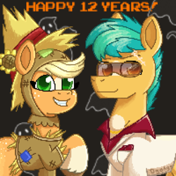 Size: 2488x2488 | Tagged: safe, artist:dyonys, imported from derpibooru, applejack, hitch trailblazer, earth pony, pony, anniversary, clothes, coat markings, costume, female, freckles, g5, happy birthday mlp:fim, male, mare, mlp fim's twelfth anniversary, my little pony: tell your tale, nightmare night, pixel art, raised hoof, scarecrow, scarface, smiling, stallion, suit, sunglasses, text