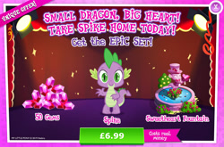 Size: 1960x1293 | Tagged: safe, imported from derpibooru, spike, dragon, advertisement, bush, costs real money, curtains, english, flower, fountain, gameloft, gem, male, my little pony: magic princess, numbers, official, sale, solo, solo focus, statue, text