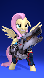 Size: 2160x3840 | Tagged: safe, artist:owlpirate, imported from derpibooru, fluttershy, pegasus, pony, 3d, 4k, angry, bipedal, ears back, female, g4, gradient background, gritted teeth, gun, high res, mare, overwatch, scowl, solo, source filmmaker, spread wings, teeth, weapon, wings, zarya