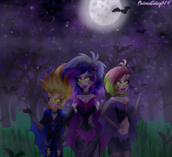 Size: 2641x2410 | Tagged: safe, artist:lumi-infinite64, artist:prismagalaxy514, imported from derpibooru, oc, bat, human, undead, vampire, equestria girls, cape, chains, choker, clothes, crossover, evil grin, fog, forest, grin, johnny test, night, smiling, smirk, solo, tecna, winx, winx club, winxified