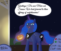 Size: 7405x6213 | Tagged: safe, artist:magicghostslime, imported from derpibooru, princess luna, alicorn, pony, series:luna's halloween treat feast, absurd resolution, dialogue, female, halloween, holiday, incentive drive, jack-o-lantern, looking at you, night, nightmare night, note expansion, pumpkin, solo, speech bubble, stars, talking to viewer, this will end in weight gain
