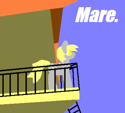 Size: 368x332 | Tagged: artist needed, safe, imported from derpibooru, derpy hooves, pegasus, pony, building, female, juan, mare, meme, minimalist, railing, simple background, sky