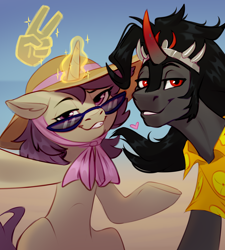 Size: 2624x2920 | Tagged: safe, artist:taneysha, imported from derpibooru, king sombra, oc, oc:lavrushka, pony, unicorn, beach, glasses, guardians of pondonia, hand, hat, looking at you, magic, peace sign, selfie
