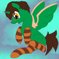 Size: 894x894 | Tagged: safe, artist:princessbourbon, imported from derpibooru, oc, oc only, oc:frost d. tart, alicorn, alicorn oc, blushing, clothes, horn, male, missing cutie mark, socks, solo, stallion, striped socks, wings