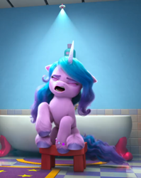 Size: 698x879 | Tagged: safe, imported from derpibooru, screencap, izzy moonbow, pony, unicorn, spoiler:my little pony: make your mark chapter 2, spoiler:myms01e07, bathroom, bathtub, bracelet, chair, cropped, drone, faic, female, friendship bracelet, g5, hoof done it?, jewelry, mare, my little pony: make your mark, my little pony: make your mark chapter 2, open mouth, sitting, soap, solo, stool, unshorn fetlocks