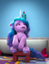 Size: 623x807 | Tagged: safe, imported from derpibooru, screencap, izzy moonbow, pony, unicorn, spoiler:my little pony: make your mark chapter 2, spoiler:myms01e07, bathroom, bathtub, bracelet, chair, cropped, faic, female, floppy ears, friendship bracelet, g5, hoof done it?, jewelry, mare, my little pony: make your mark, my little pony: make your mark chapter 2, open mouth, sitting, soap, solo, stool, unshorn fetlocks