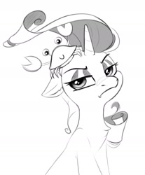 Size: 1776x2140 | Tagged: safe, artist:taneysha, imported from derpibooru, rarity, crab, pony, unicorn, ppov, chest fluff, female, floppy ears, frown, lidded eyes, mare, monochrome, rarity is not amused, simple background, solo, unamused, white background