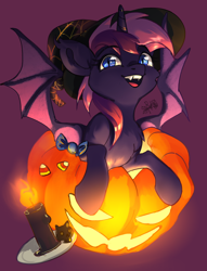 Size: 2680x3507 | Tagged: safe, artist:charlot, imported from derpibooru, oc, oc only, bat pony, pony, unicorn, bat pony oc, bat wings, candle, clothes, costume, fangs, halloween, halloween costume, hat, holiday, horn, jack-o-lantern, pumpkin, solo, unicorn oc, wings, witch hat