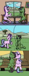 Size: 831x2148 | Tagged: safe, artist:realdash, imported from derpibooru, starlight glimmer, oc, oc:anon, oc:anon stallion, earth pony, pony, unicorn, aggie.io, bench, chair, comfy, cute, date, duo, earth pony oc, eyes closed, female, glimmerbetes, happy, kite, kite flying, leaning, male, mare, mountain, nature, pixel art, raised hoof, sitting, smiling, stallion, table, talking, tree