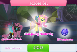 Size: 1267x853 | Tagged: safe, imported from derpibooru, fluttershy, changedling, changeling, bundle, changelingified, costs real money, english, female, flutterling, gameloft, horn, insect wings, magic coins, mushroom, my little pony: magic princess, numbers, official, sale, species swap, text, wings