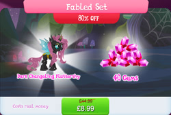 Size: 1271x853 | Tagged: safe, imported from derpibooru, fluttershy, changeling, bundle, changelingified, costs real money, crack is cheaper, english, female, flutterling, gameloft, gem, horn, insect wings, magic coins, mushroom, my little pony: magic princess, numbers, official, sale, species swap, text, wings