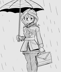 Size: 1600x1900 | Tagged: safe, artist:zachc, imported from derpibooru, sunset shimmer, human, equestria girls, clothes, female, monochrome, solo, umbrella