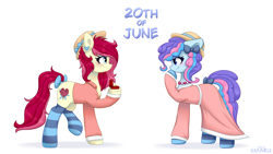 Size: 3840x2160 | Tagged: safe, artist:ev04ka, artist:ev04kaa, imported from derpibooru, oc, oc only, oc:sugar swirl, oc:velvet passion, earth pony, pony, clothes, dress, female, hat, jewelry, marriage proposal, rcf community, ring, simple background, stockings, text, thigh highs, white background