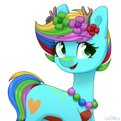 Size: 2170x2160 | Tagged: safe, artist:ev04ka, artist:ev04kaa, imported from derpibooru, oc, oc only, oc:silvia, earth pony, pony, antlers, female, floral head wreath, flower, jewelry, necklace, rcf community, simple background, text, white background