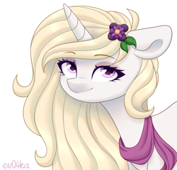 Size: 2250x2160 | Tagged: safe, artist:ev04ka, artist:ev04kaa, imported from derpibooru, oc, oc only, oc:winthria siriusa, pony, unicorn, clothes, eyeshadow, female, flower, flower in hair, makeup, rcf community, scarf, simple background, text, white background