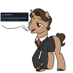 Size: 900x900 | Tagged: safe, artist:fuckomcfuck, imported from derpibooru, oc, oc:paper work, pony, unicorn, american psycho, clothes, meta, patrick bateman, simple background, solo, speech bubble, suit, twitter, white background