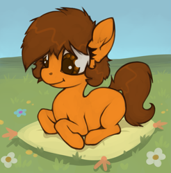 Size: 1133x1152 | Tagged: safe, artist:marsminer, imported from derpibooru, oc, oc only, oc:venus spring, unicorn, blank flank, cute, daaaaaaaaaaaw, female, filly, flower, foal, hnnng, horn, looking down, lying down, marsminer is trying to murder us, outdoors, pillow, ponyloaf, prone, solo, unicorn oc, venus spring actually having a pretty good time, younger