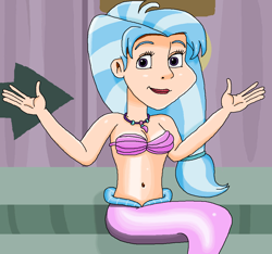 Size: 994x932 | Tagged: safe, artist:ocean lover, imported from derpibooru, silverstream, human, mermaid, school daze, season 8, spoiler:s08, bare shoulders, beautiful, belly button, blue hair, bra, cute, diastreamies, disney style, door, female, fins, fish tail, hands in the air, human coloration, humanized, jewelry, lips, looking at you, mermaid tail, mermaidized, midriff, ms paint, necklace, pearl necklace, pretty, purple eyes, scene interpretation, seashell bra, shiny skin, sitting, smiling, solo, species swap, stairs, tail, teenager