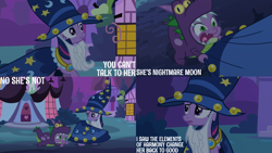 Size: 4400x2475 | Tagged: safe, edit, edited screencap, editor:quoterific, imported from derpibooru, screencap, spike, twilight sparkle, dragon, pony, unicorn, luna eclipsed, season 2, cloak, clothes, costume, dragon costume, fake beard, frown, hat, implied nightmare moon, implied princess luna, open mouth, pleading, scared, star swirl the bearded costume, tugging, unicorn twilight, wizard hat