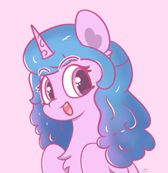 Size: 1921x1981 | Tagged: safe, artist:limitmj, imported from derpibooru, izzy moonbow, pony, unicorn, chest fluff, female, g5, looking at you, mare, open mouth, open smile, pink background, simple background, smiling, smiling at you, solo